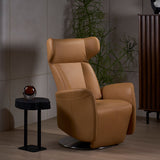 Wingback chair paired with stem table and storage rack