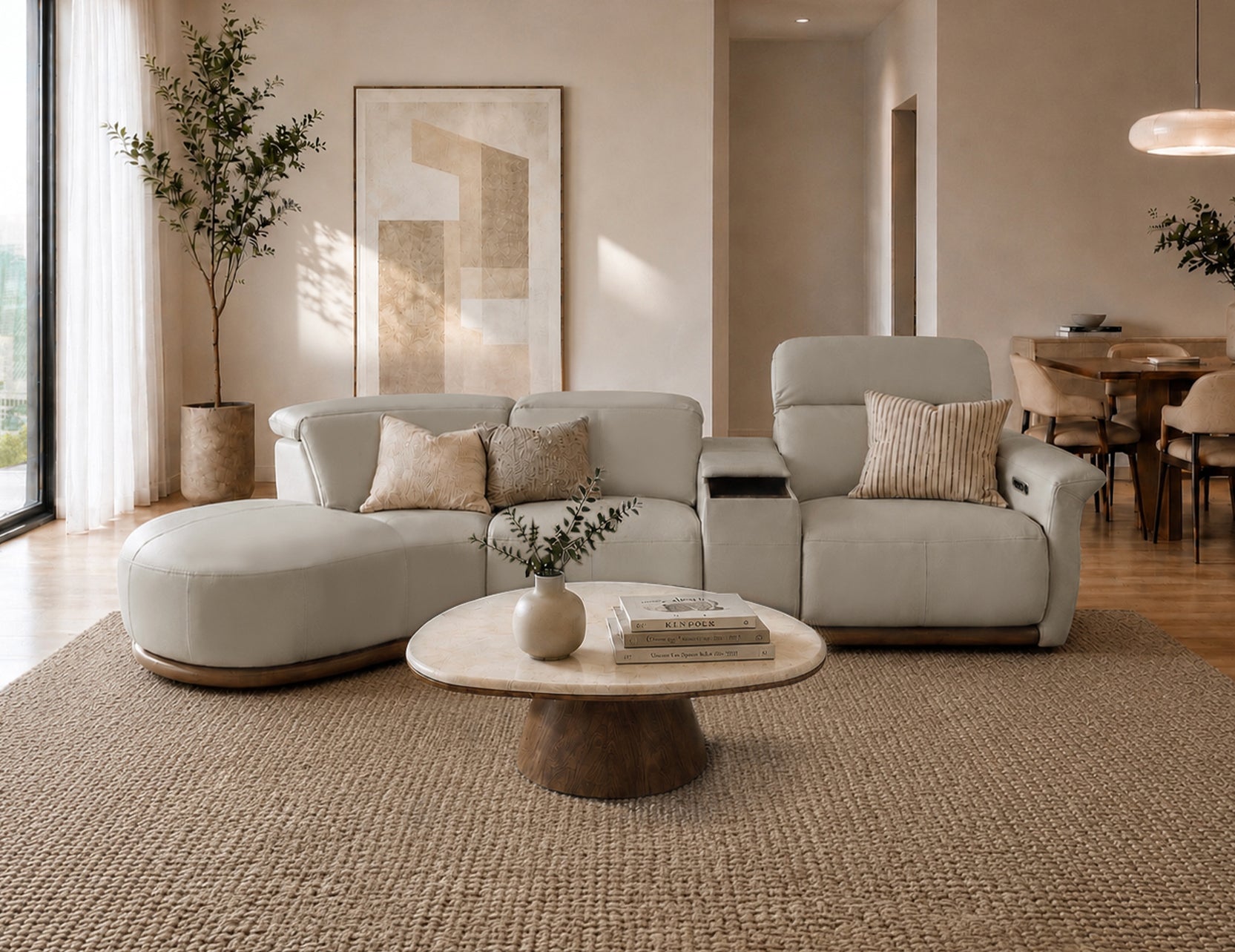 Cellini cream leather sectional sofa with power recliner and curved chaise in a modern Scandinavian living room