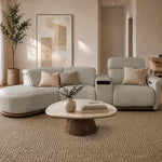 Cellini cream leather sectional sofa with power recliner and curved chaise in a modern Scandinavian living room