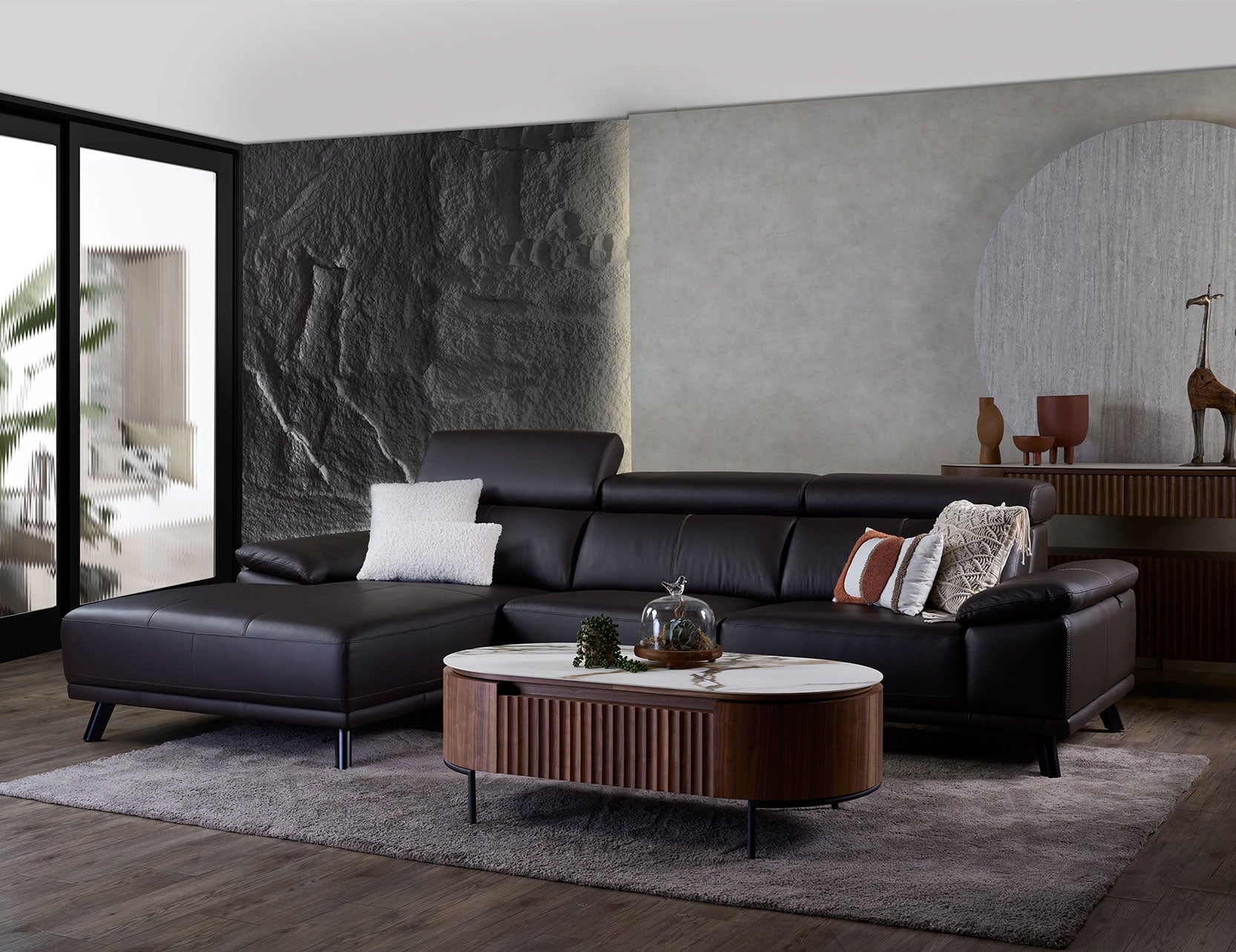 Kof leather sofa shown from an angled perspective