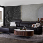 Kof leather sofa shown from an angled perspective