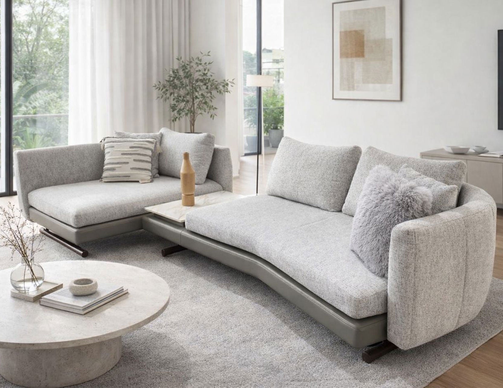 Modern L shape fabric sofa with curved design in bright living room